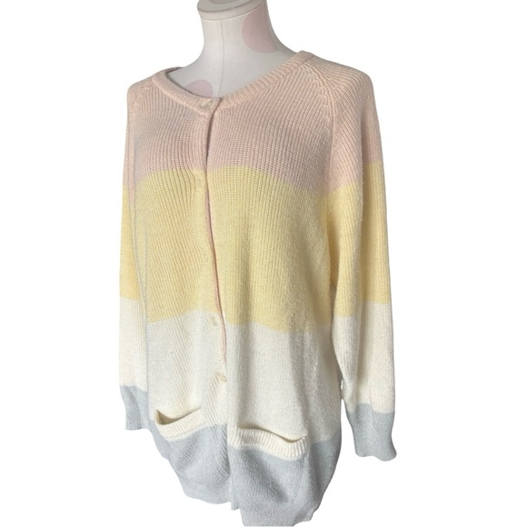 Vintage Sweaters - Vintage Colorblock Oversize Cardigan - Pastel a butter yellow powder pink -L